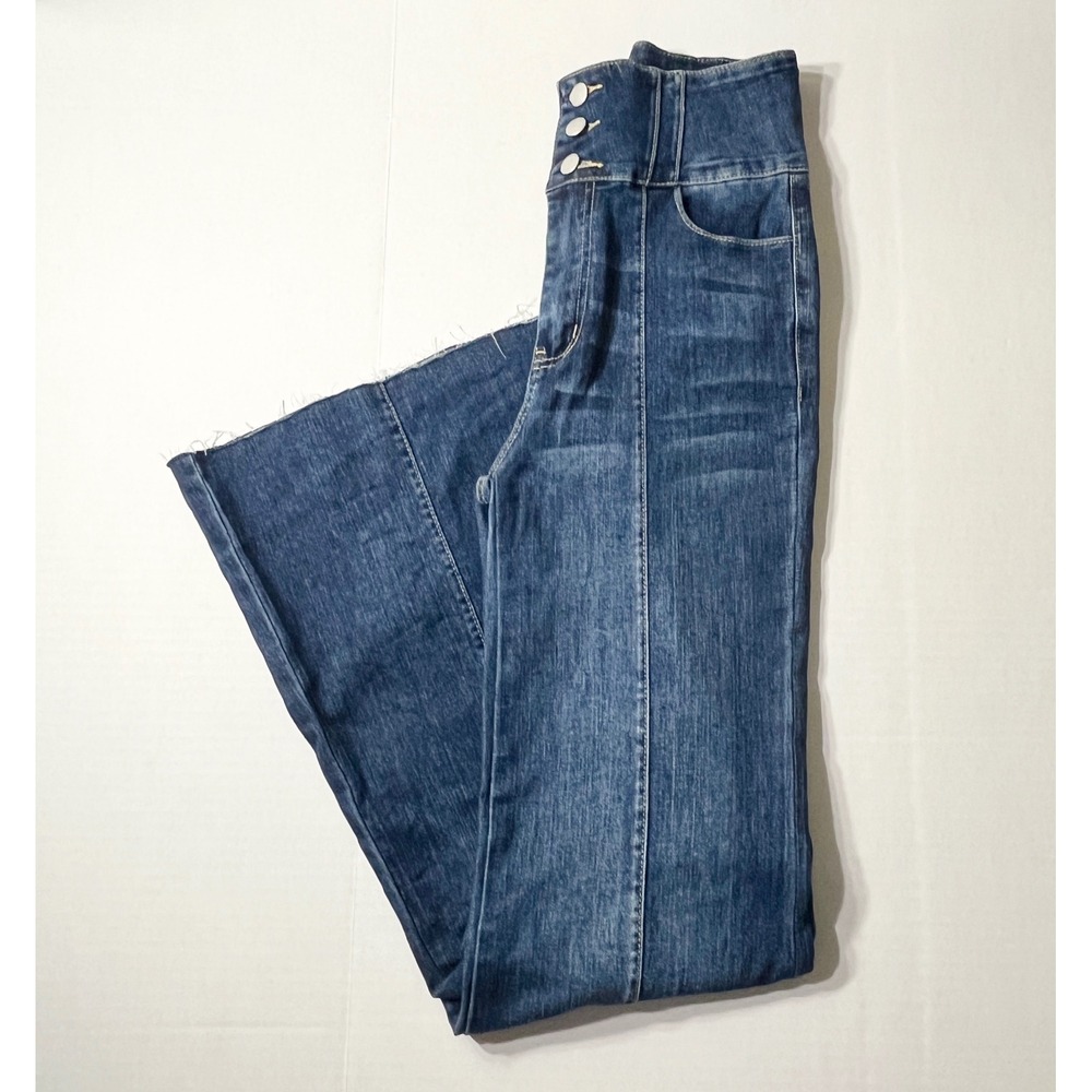 Jealous Tomato High Waisted Flare Jeans Women's Small Blue Raw Hem Wide Leg